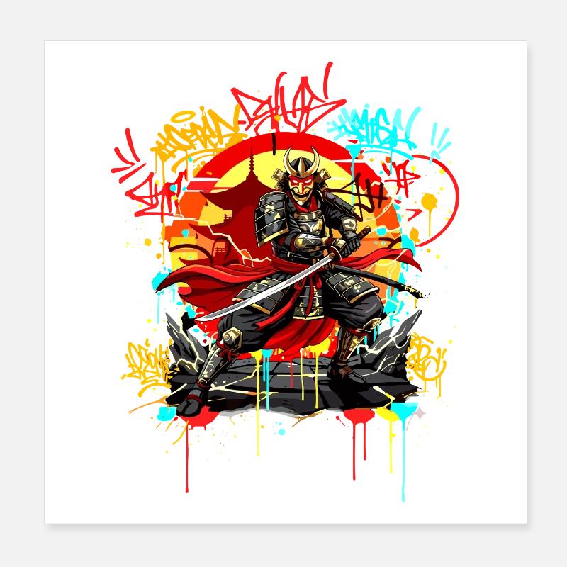 Art urbain de rue samouraï Style graffiti japonais Poster 20 x 20 cm