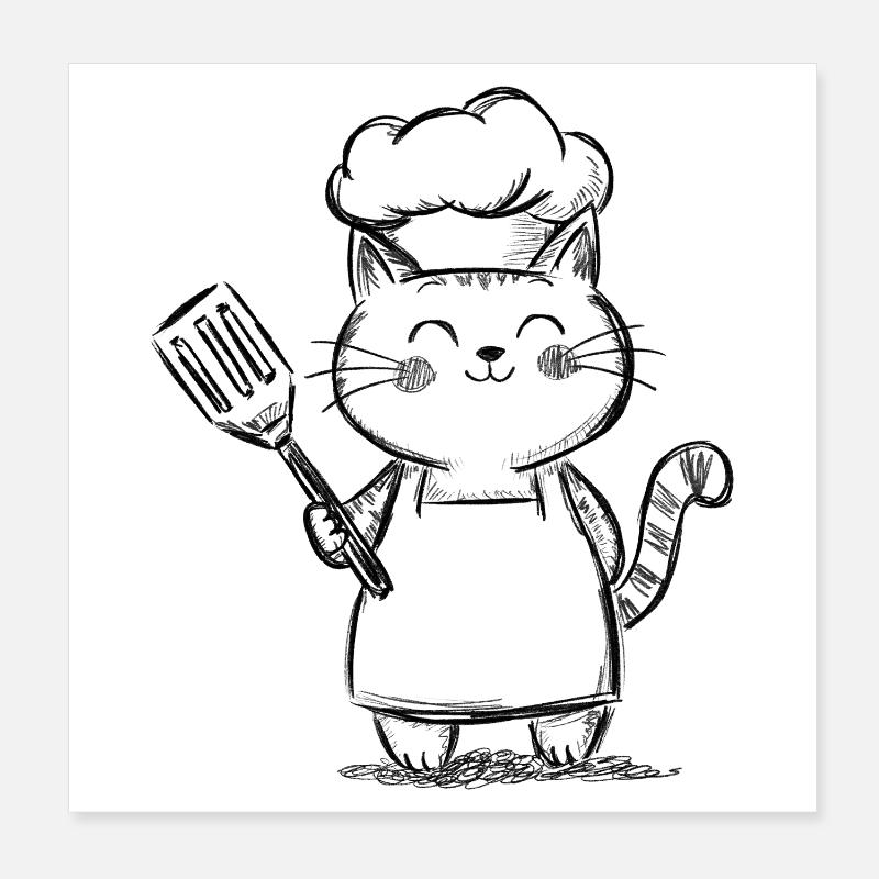 Chat mignon dans la cuisine - Dessin de Chef Chat Poster 20 x 20 cm