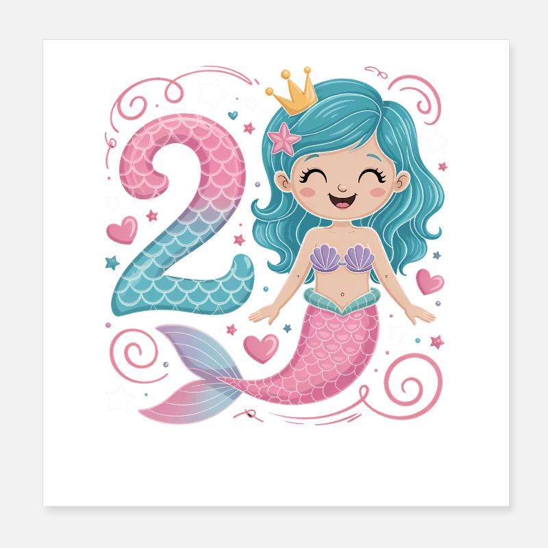 Mermaid 2nd Birthday 2 Years Poster 8" x 8" (20x20 cm)