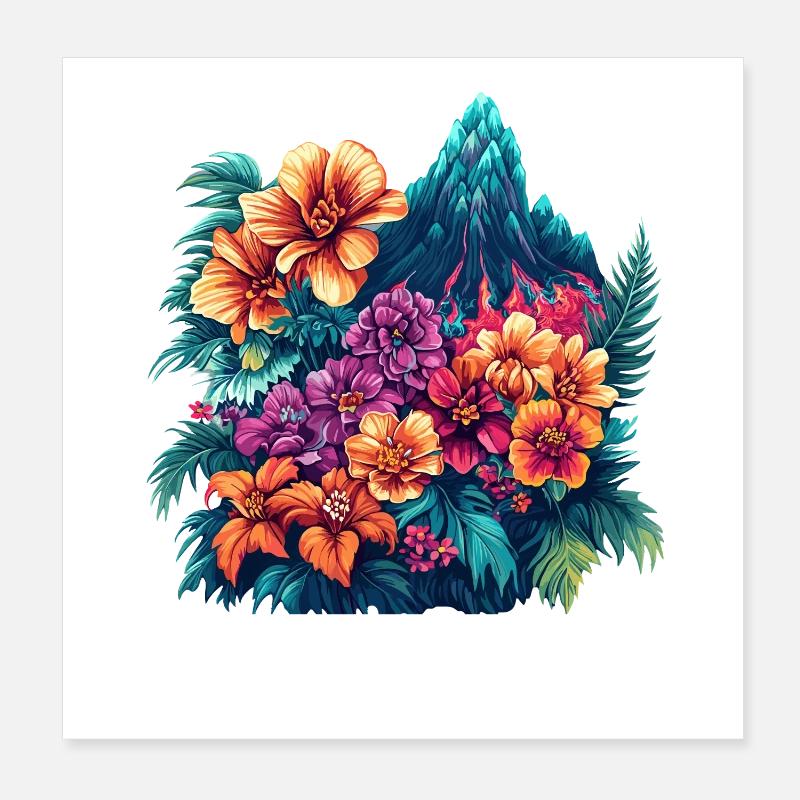 Tropical Blossoms and Mountain Landscape Poster 8" x 8" (20x20 cm)