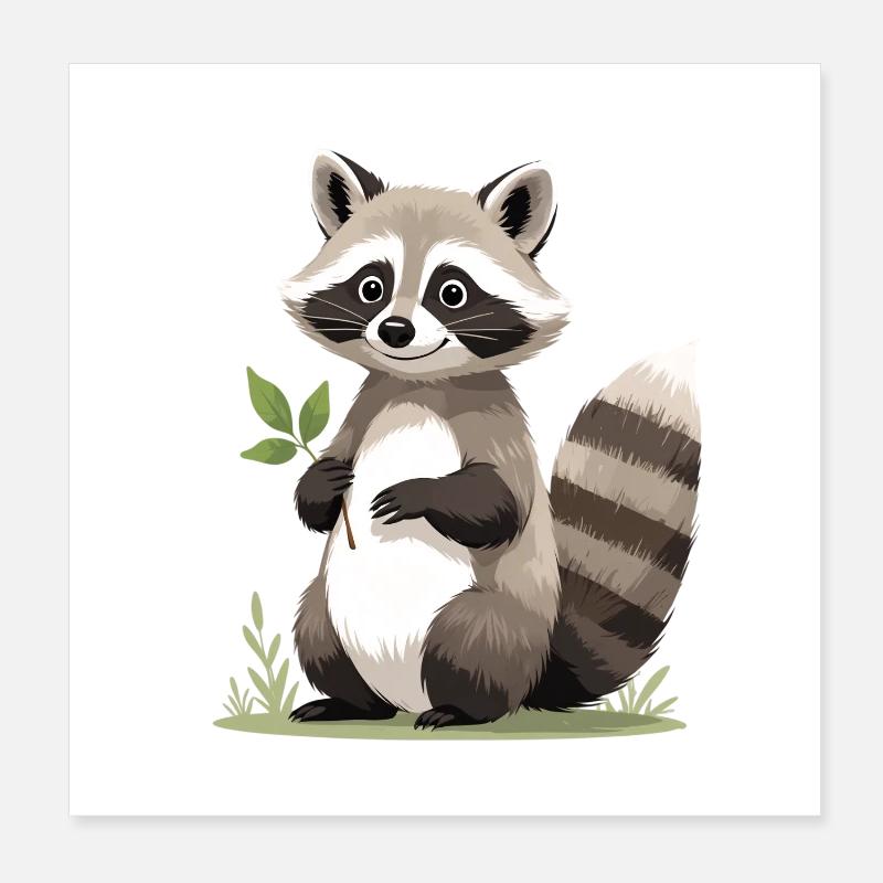 Waschbär mit Blatt Poster 20x20 cm