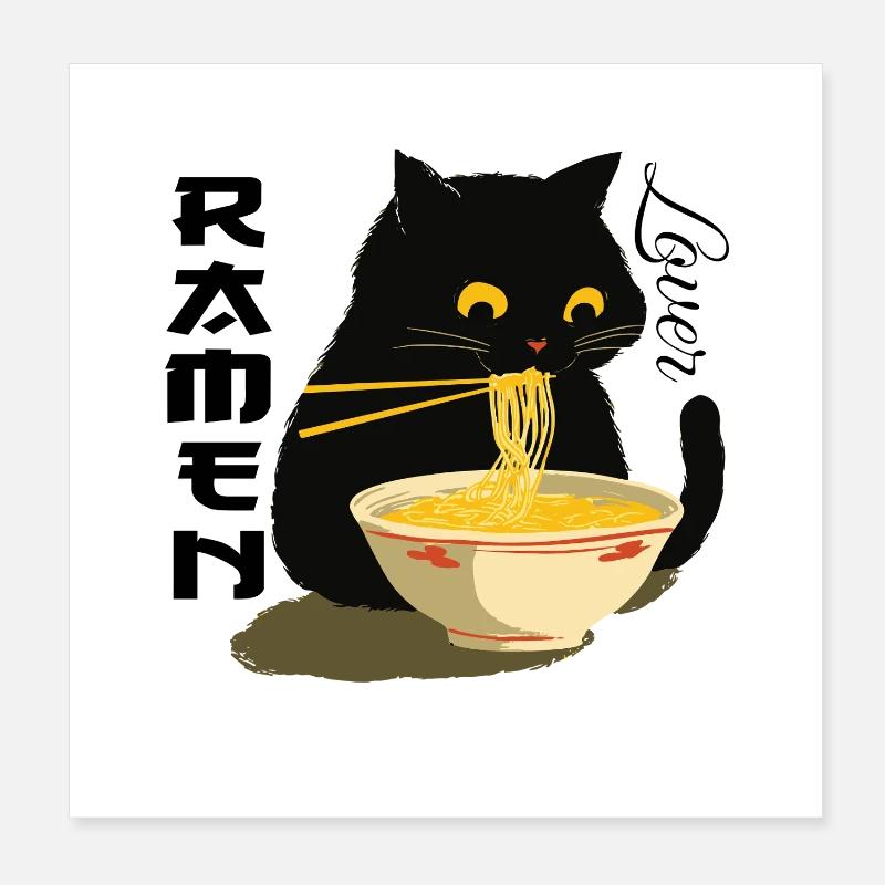 Ramen Lover - Schwarze Katze mit Nudeln Poster 20x20 cm