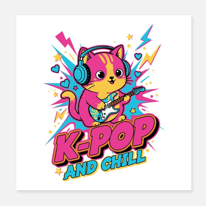 Chat K-Pop mignon K-POP AND CHILL Anime de musique coréenne Poster 20 x 20 cm