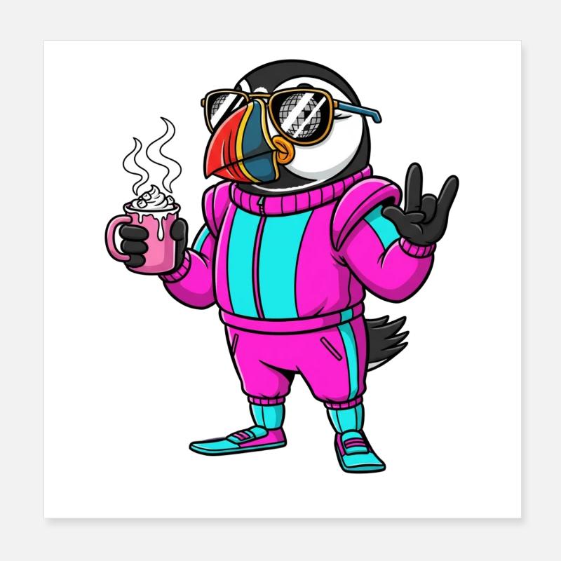 Oiseau élégant en combinaison de ski avec café Poster 20 x 20 cm