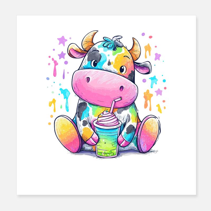 Regenbogen Kuh mit Milchshake Poster 20x20 cm