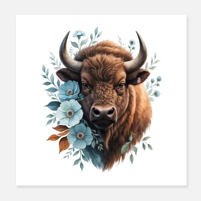 Portrait de buffle aux fleurs bleues Poster 20 x 20 cm