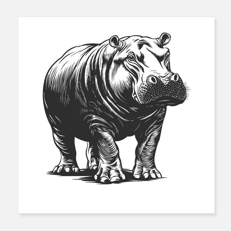 Hippo Line Style Noir & Blanc Poster 20 x 20 cm