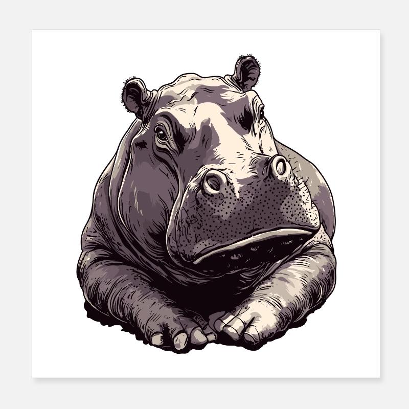 Hippo Charm Drawing Poster 8" x 8" (20x20 cm)