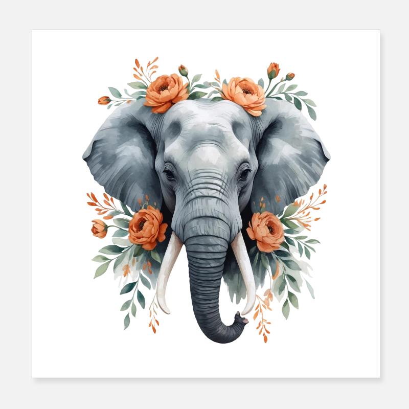 Éléphant avec une couronne de fleurs Poster 20 x 20 cm
