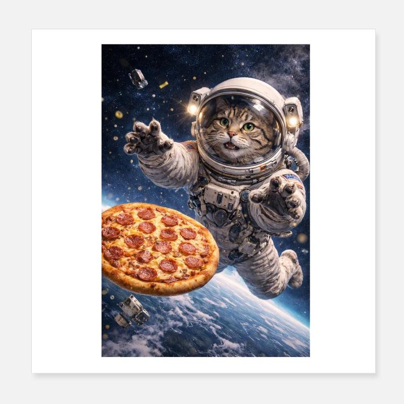 Un chat astronaute sauve une pizza dans l’espace Poster 20 x 20 cm
