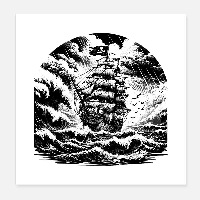 Gravure du navire pirate de la mer de la tempête Poster 20 x 20 cm