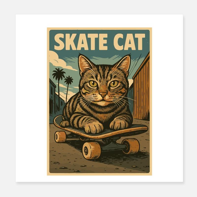 Skate Cat sur une affiche rétro de skateboard Poster 20 x 20 cm