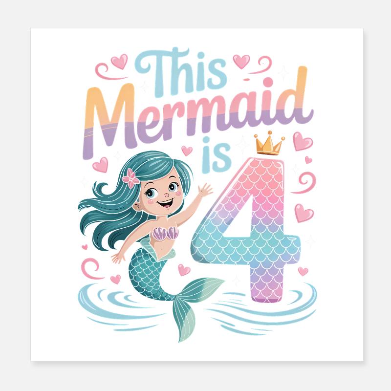 Mermaid 4th Birthday 4 Years Poster 8" x 8" (20x20 cm)