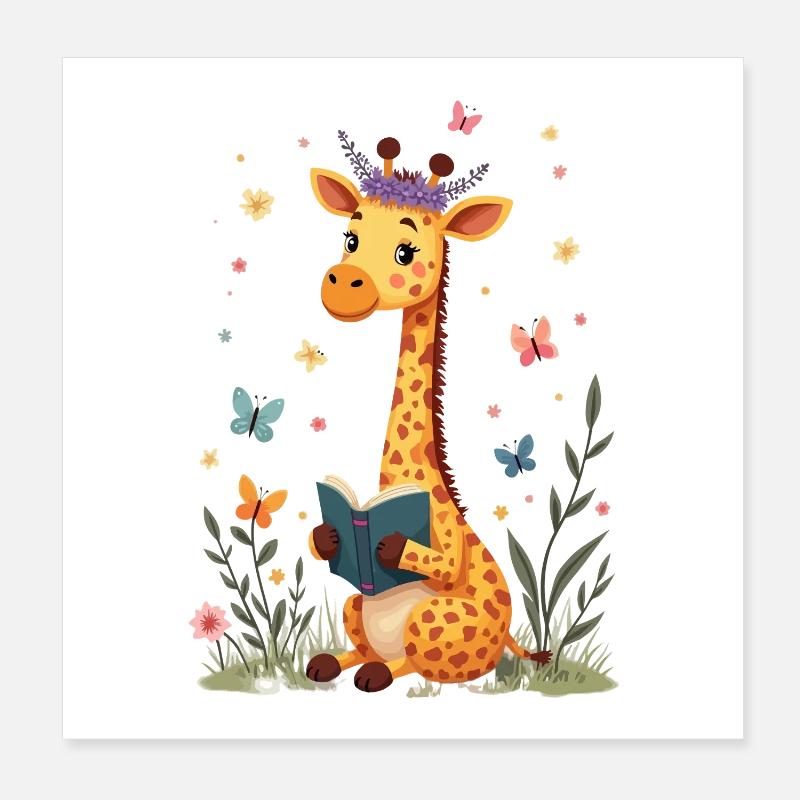 Süße Giraffe liest Buch Blumen Bücherwurm Poster 20x20 cm