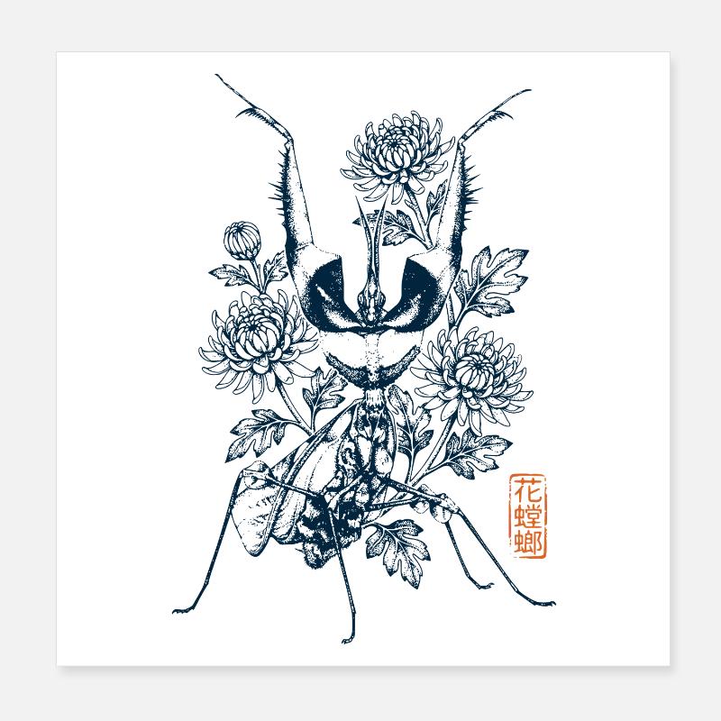 Gottesanbeterin mit Chrisantemen und Kanji Stempel Poster 20x20 cm