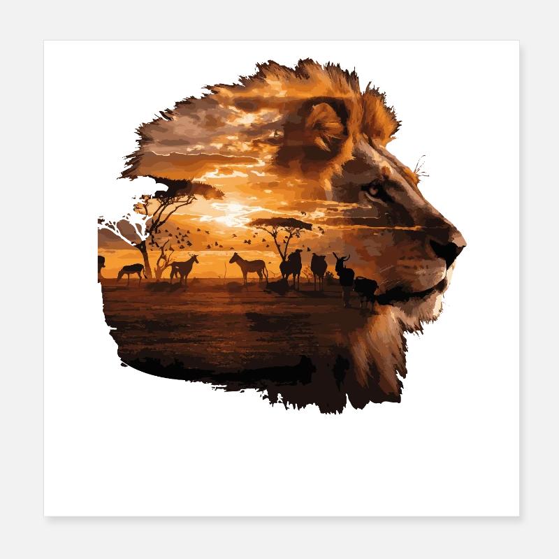 Lion Savannah Sunset Double Exposure Design Poster 8" x 8" (20x20 cm)