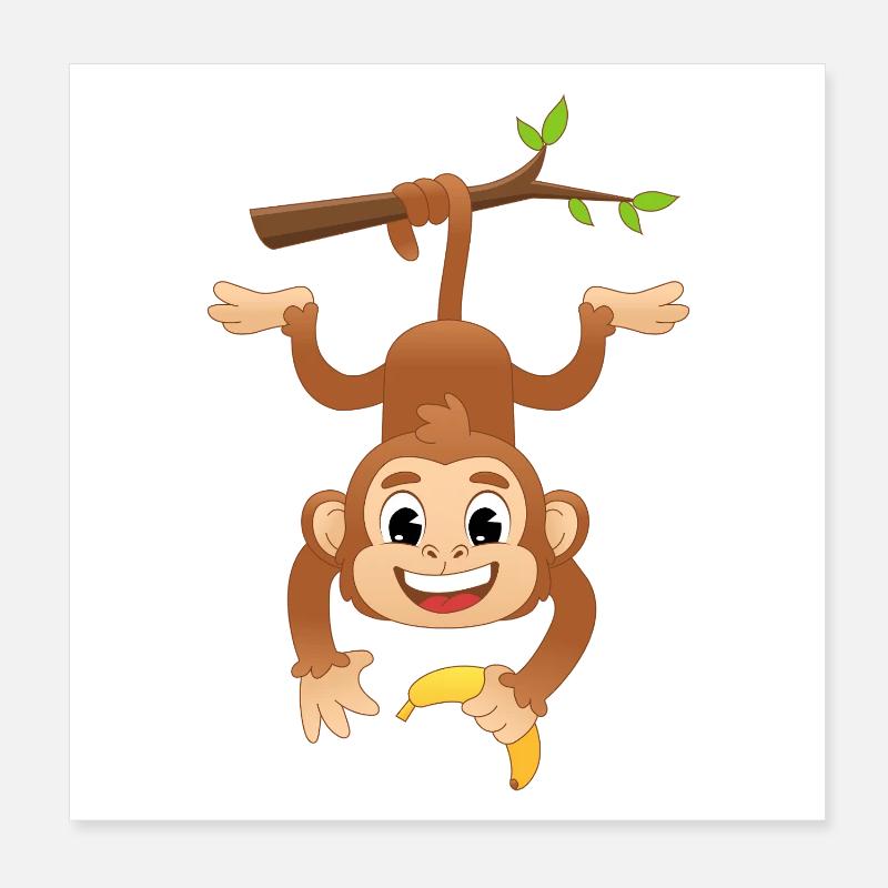 Mignonne banane de singe suspendu Dessin animé rétro Poster 20 x 20 cm