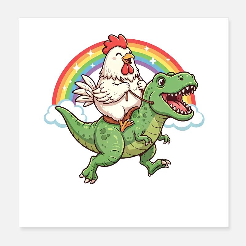 Huhn Reitender T-Rex Dinosaurier Regenbogen Poster 20x20 cm