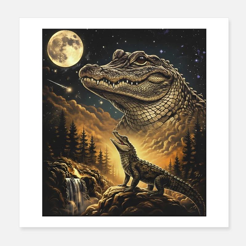 Moon Crocodile Forest Howl Moonlight Poster 8" x 8" (20x20 cm)