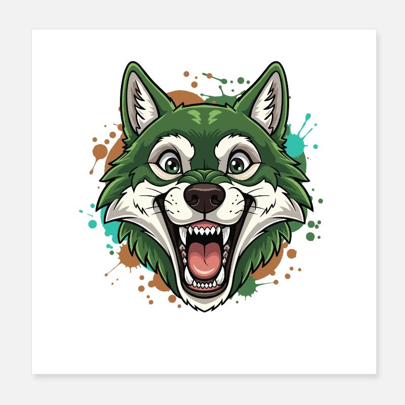 Grüner Wolf mit Farbspritzern Poster 20x20 cm