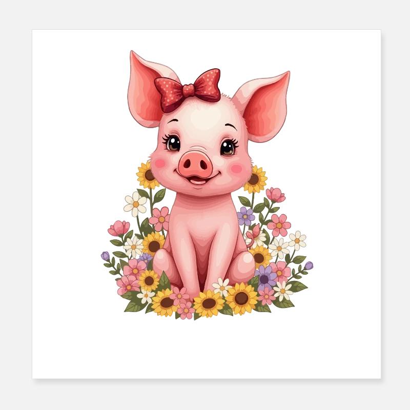 Cochon doux avec arc et fleurs Porcelet Poster 20 x 20 cm