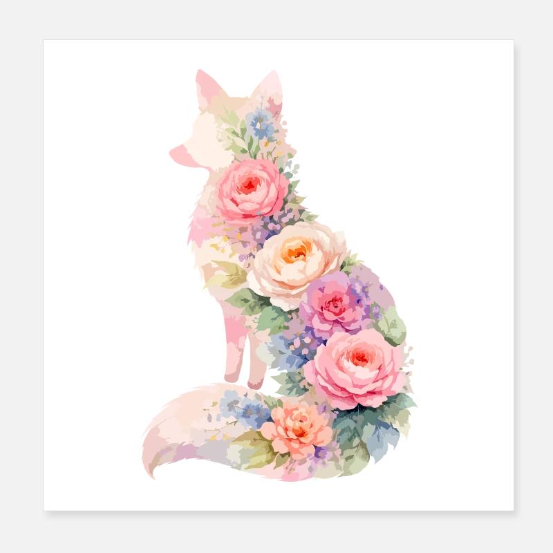 Fuchs Pastell Blumen Silhouette Poster 20x20 cm