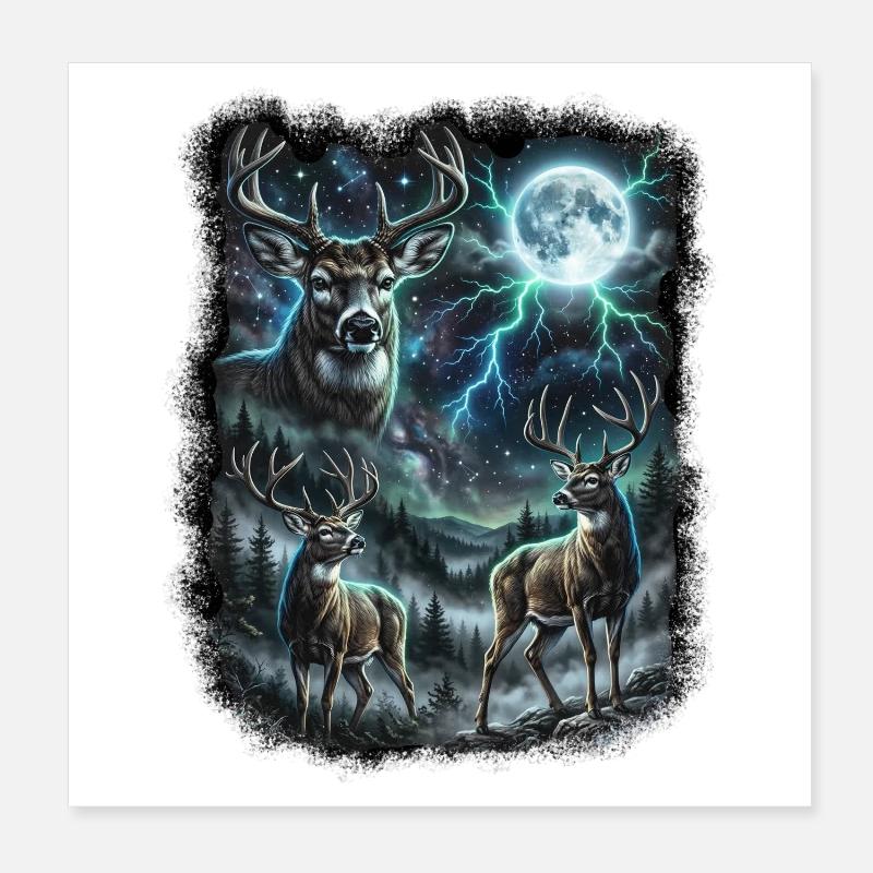 THREE Wild Deer with Moon Wildlife Designs Poster 8" x 8" (20x20 cm)