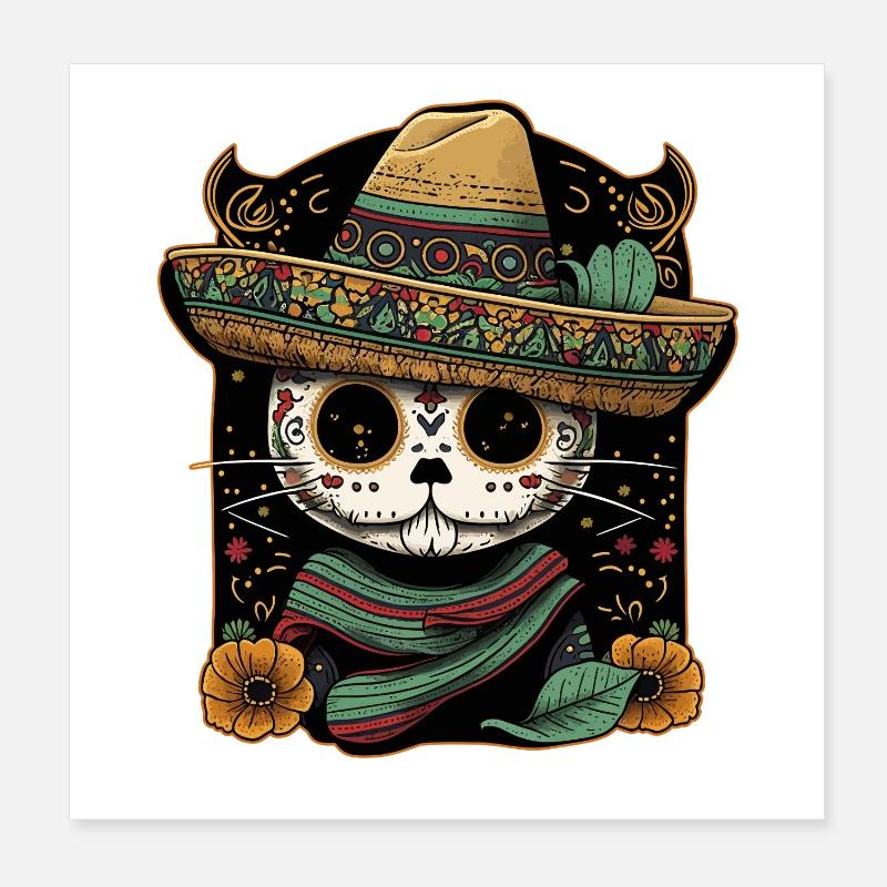 Mexican Cat Cinco De Mayo Sugar Skull Sombrero Poster 8" x 8" (20x20 cm)