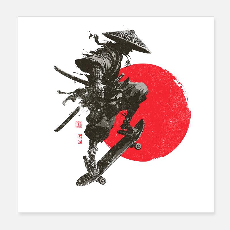 Silhouette eines Samurai-Skaters mit roter Sonne Poster 20x20 cm
