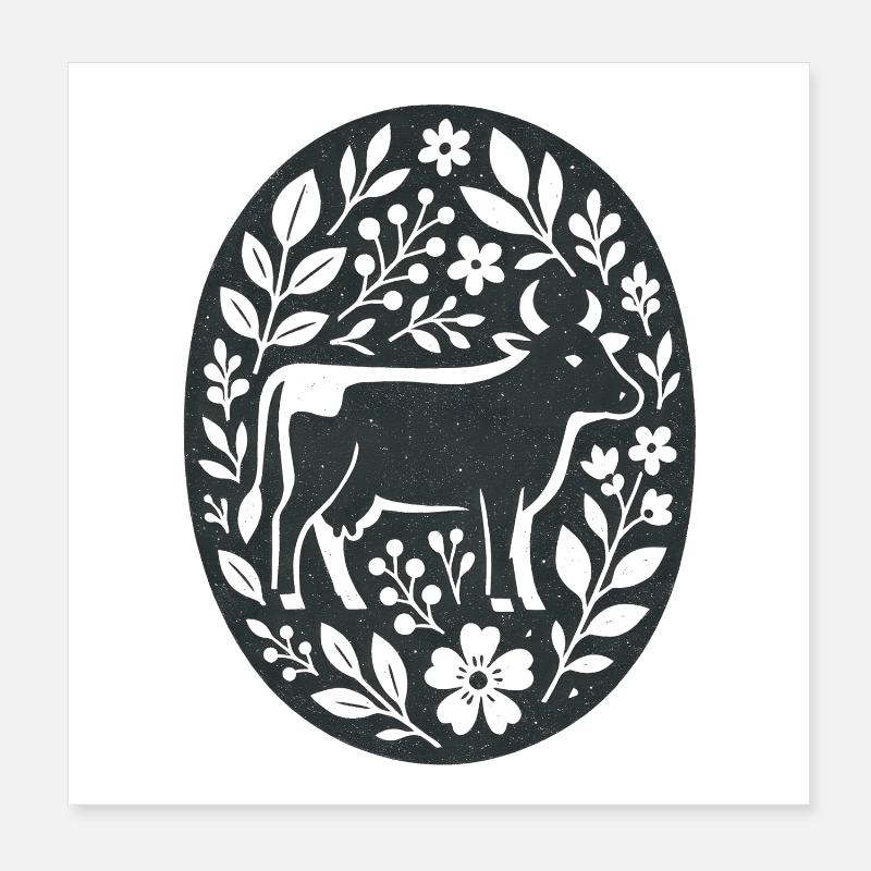 Kuh | Bauernhof Blumen Folk Art Poster 20x20 cm