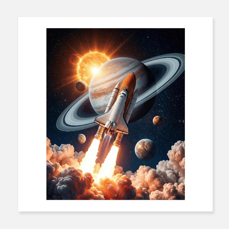 Fusée à travers les anneaux de Saturne dans l’espace Poster 20 x 20 cm