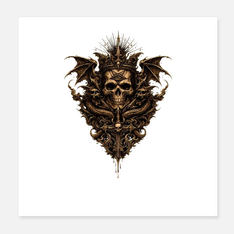 Gothic Skull with Dragons & Occult Symbols Poster 8" x 8" (20x20 cm)