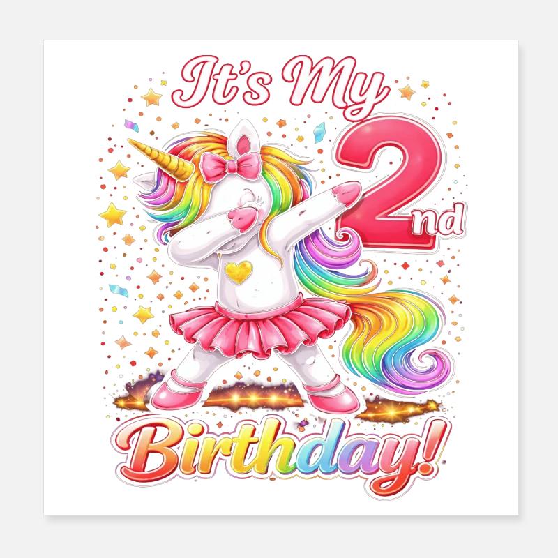 Unicorn Second Birthday Celebration Poster 8" x 8" (20x20 cm)