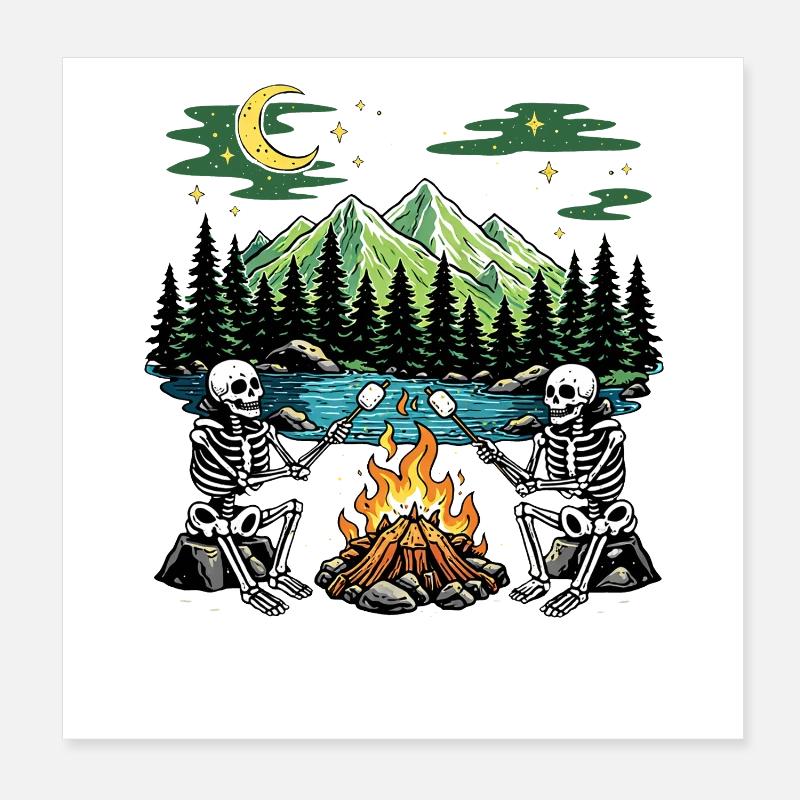 Skeleton Campfire Night Marshmallow Camping Camp - Poster 8" x 8" (20x20 cm) - white