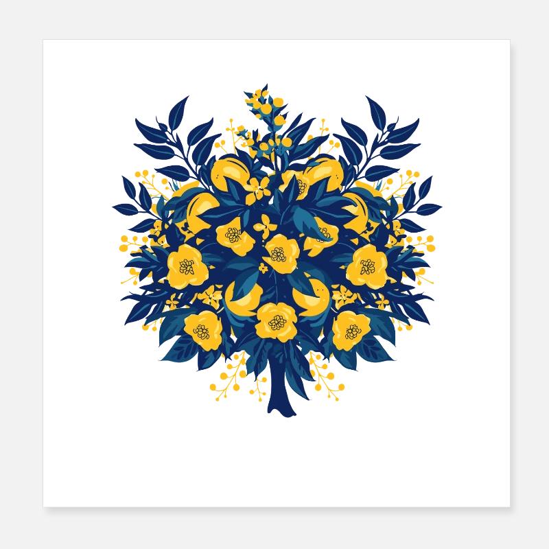Blue Gold Flower Circle Pattern Poster 8" x 8" (20x20 cm)