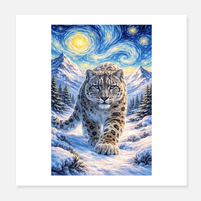 Schneeleopard im Sternenwald Poster 20x20 cm