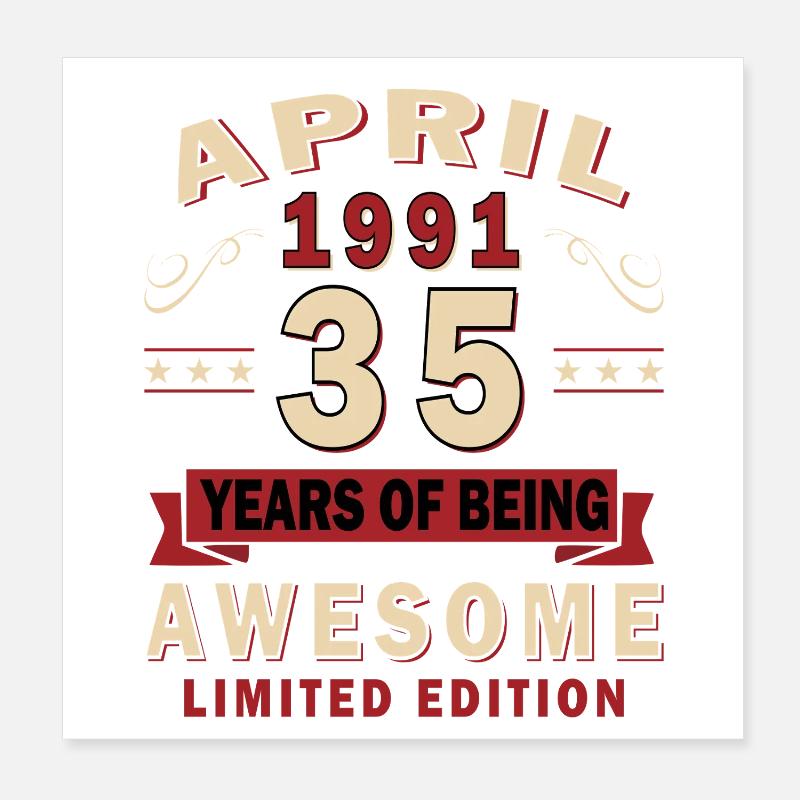 Cadeau du 35e anniversaire Mari Original avril 1991 Poster 20 x 20 cm