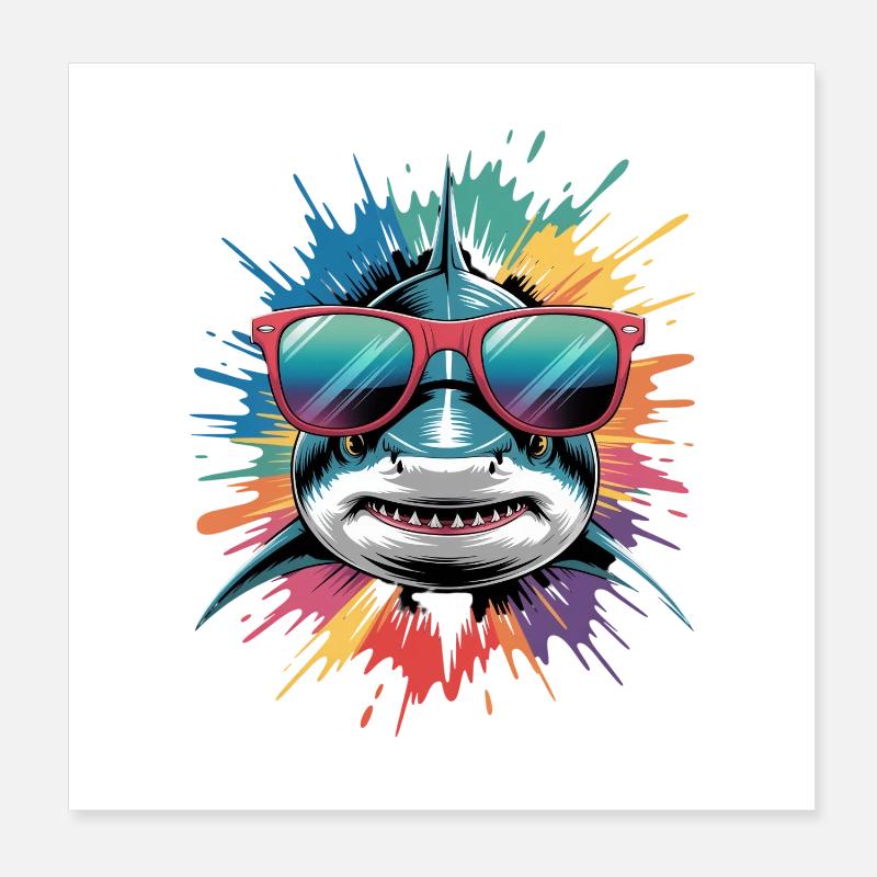 Colorful Shark Watercolor Splash Poster 8" x 8" (20x20 cm)