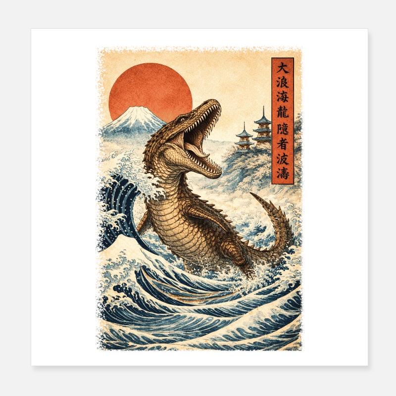 Mosasaurus Dinosaur Lover Japanese Wave Poster 8" x 8" (20x20 cm)