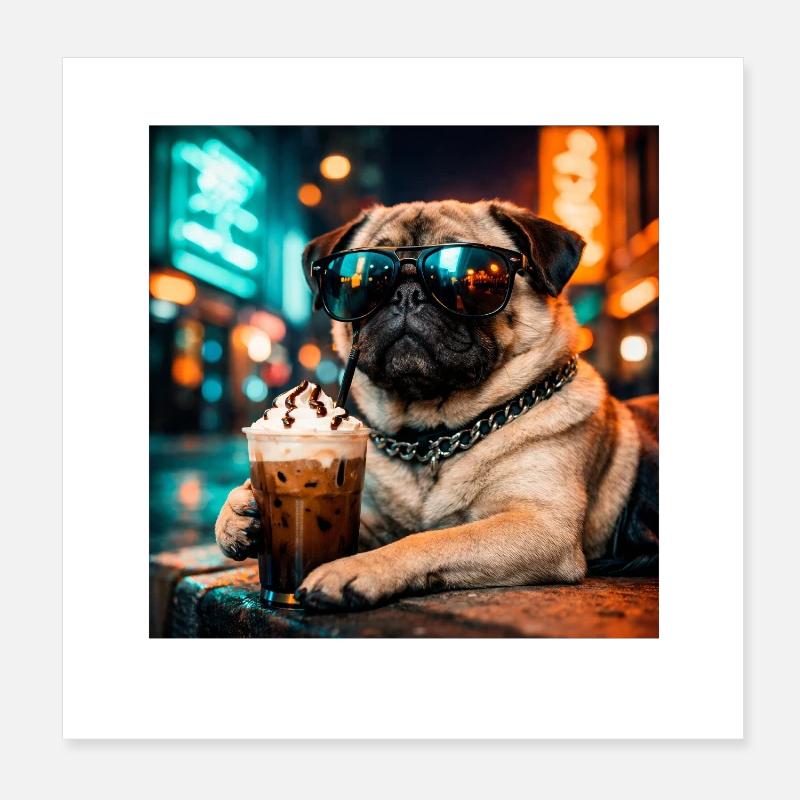 Lustiger Mops, der Eiskaffee trinkt, süßes Hunde-Meme Poster 20x20 cm