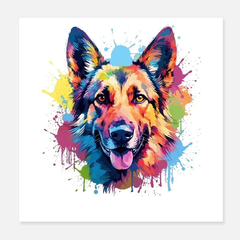 Dog German Shepherd Colorful Splash Art Poster 8" x 8" (20x20 cm)