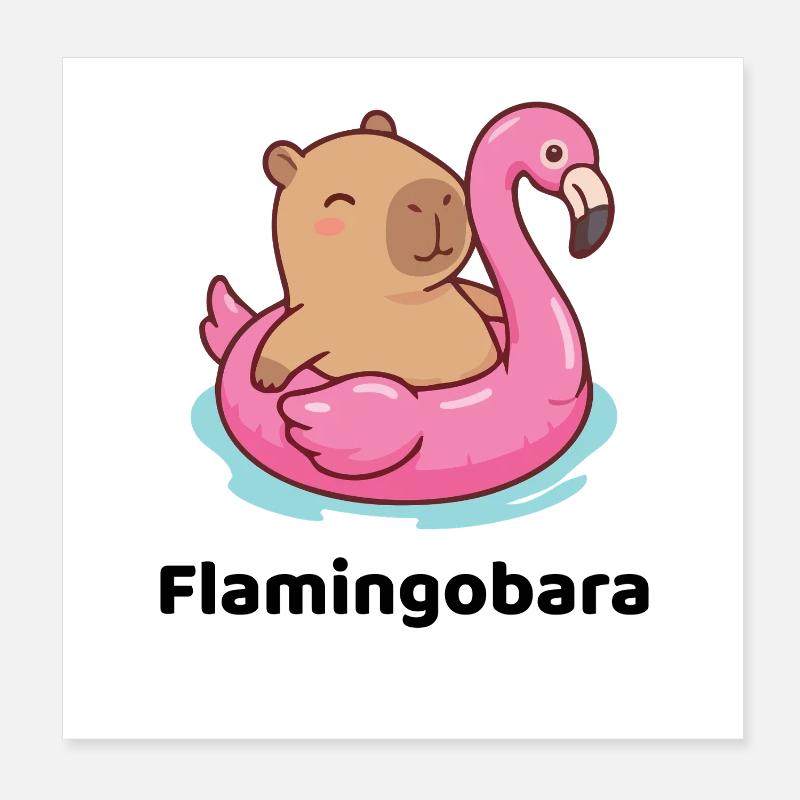 Soft toy on pink flamingo - capybara Poster 8" x 8" (20x20 cm)