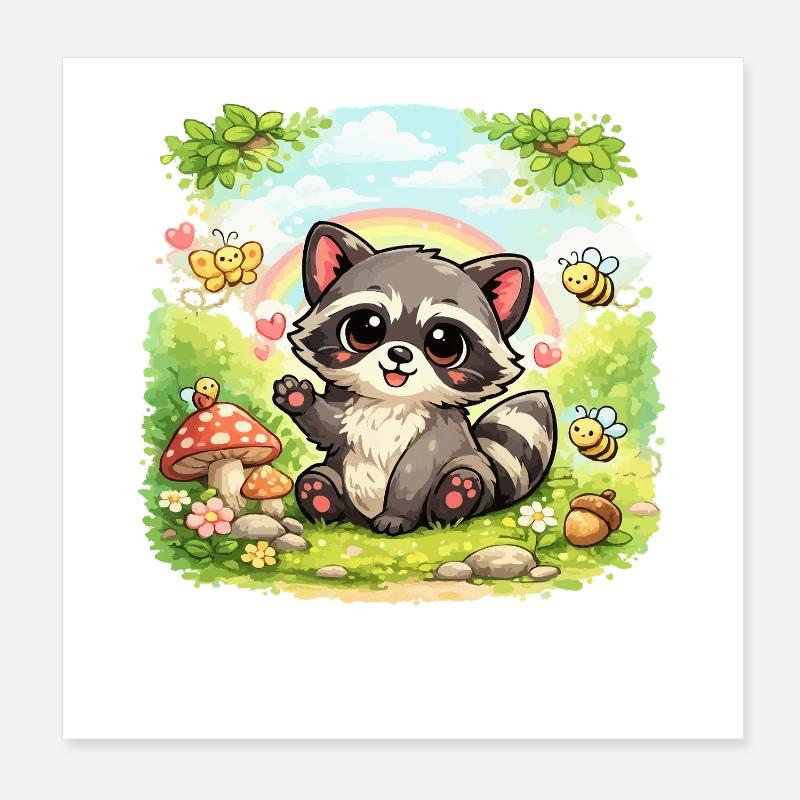 Petit raton laveur dans un paradis fleuri Poster 20 x 20 cm