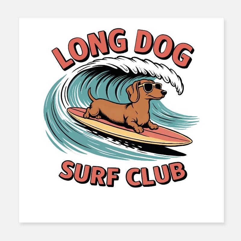 Dackel surft auf einem Board – im Retro-Surf-Stil Poster 20x20 cm