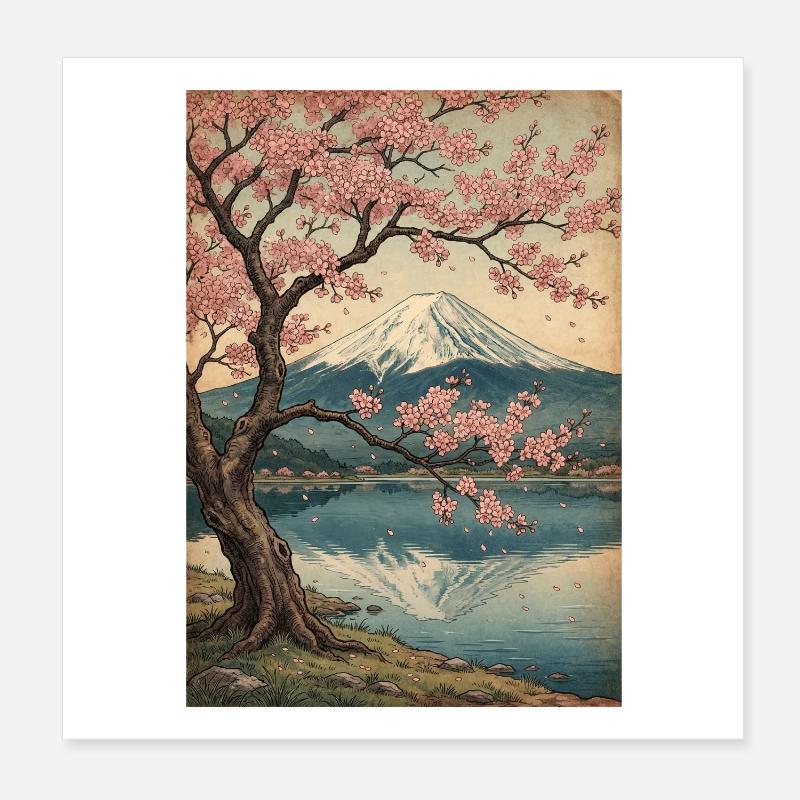 Cherry blossoms at Mount Fuji Poster 8" x 8" (20x20 cm)