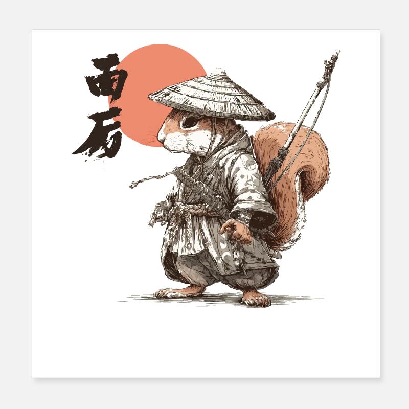 Samurai-Eichhörnchen unter roter Sonne Poster 20x20 cm
