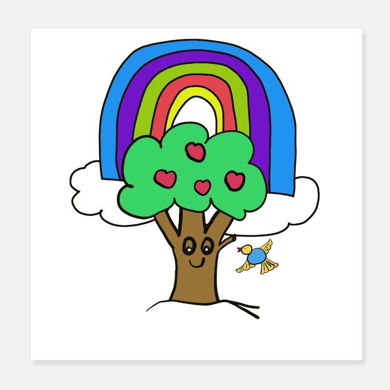 Baum Regenbogen Kind Vogel Märchen Poster 20x20 cm