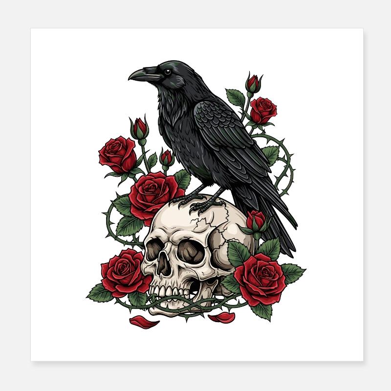 Mitternachtskrähe auf Totenkopfrosen Poster 20x20 cm