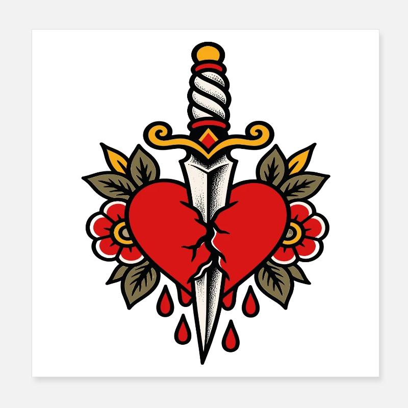 Herz-Pierced Dagger-Tattoo-Stil Poster 20x20 cm