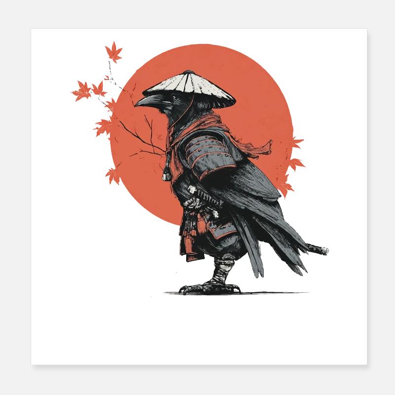 Samurai-Krähe in Red Moon Poster 20x20 cm